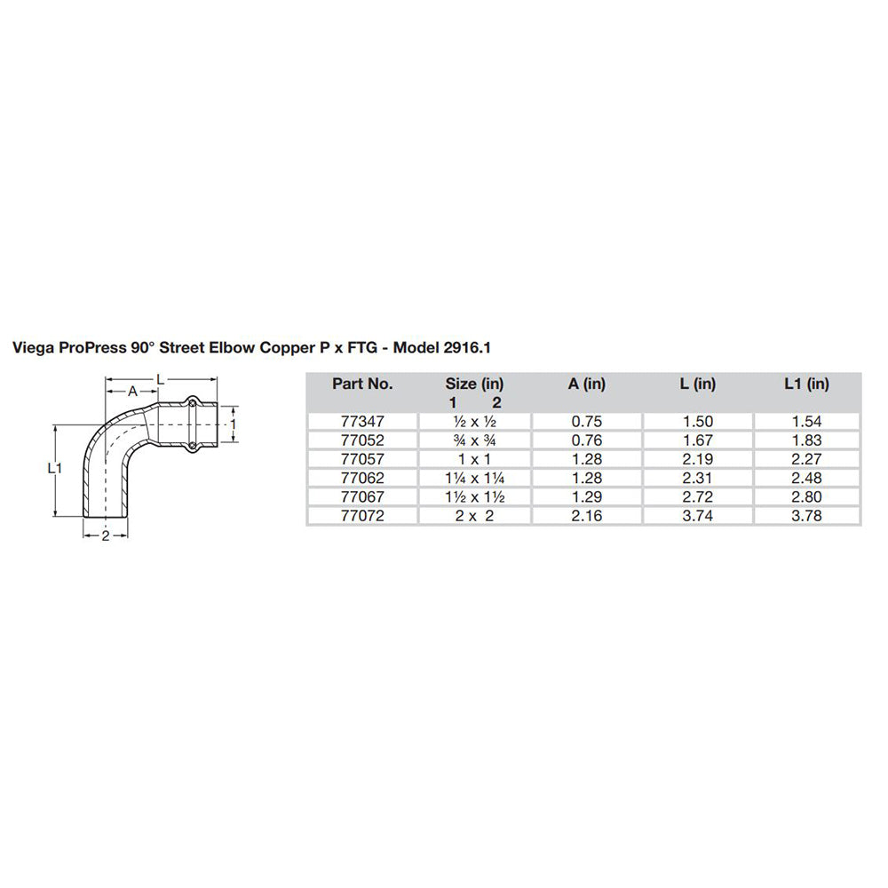 Viega ProPress 114 90 Copper Elbow StreetPress Connection Smart Connect Technology 77062