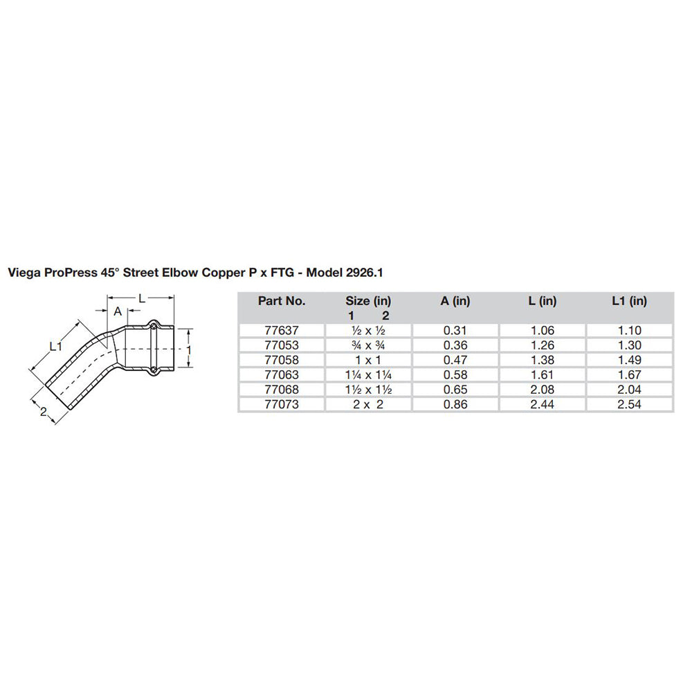 Viega ProPress 114 45 Copper Elbow StreetPress Connection Smart Connect Technology 77063