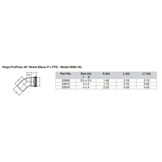 Viega ProPress 212 45 Copper Elbow StreetPress Connection Smart Connect Technology 20668