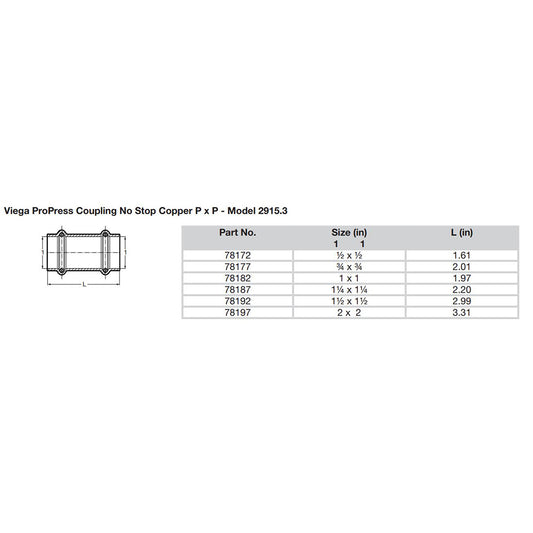 Viega ProPress 2 Copper Coupling wo Stop Double Press Connection Smart Connect Technology 78197