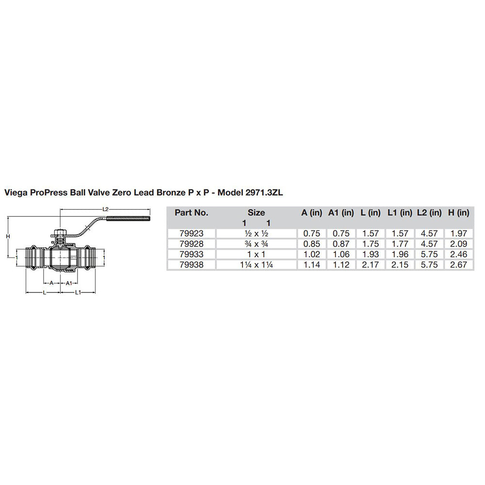 Viega ProPress 12 Zero Lead Bronze Ball Valve wStainless Stem Double Press Connection Smart Connect Technology 79923