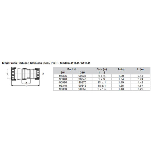 Viega MegaPress 112 x 1 Stainless Steel 304 Reducer Double Press Connection Smart Connect Technology 95345