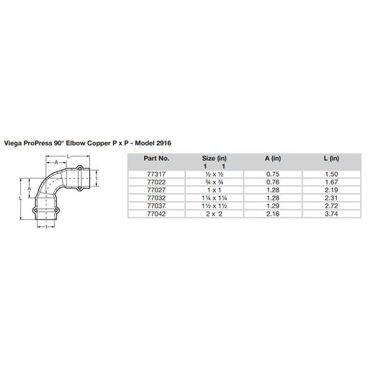 Viega ProPress 2  90 Copper Elbow  Double Press Connection  Smart Connect Technology 77042