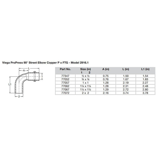 Viega ProPress 2  90 Copper Elbow  StreetPress Connection  Smart Connect Technology 77072