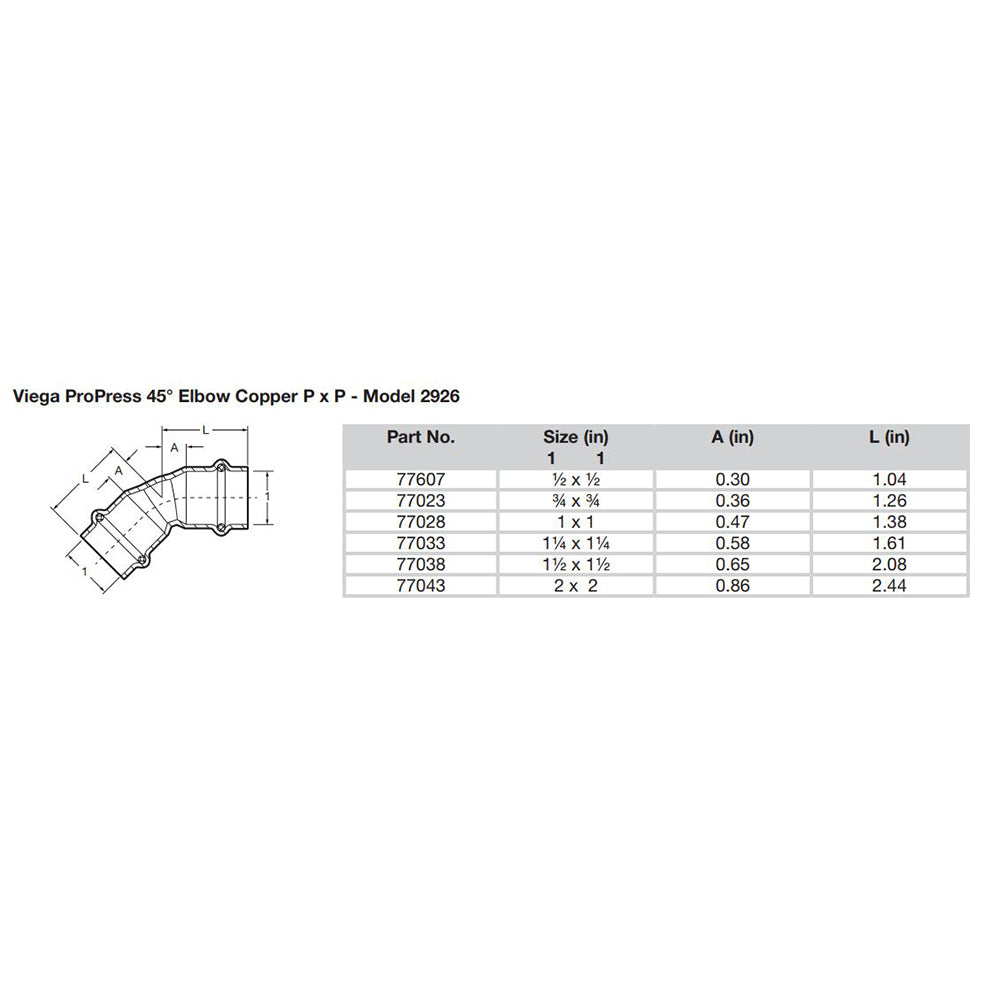 Viega ProPress 114  45 Copper Elbow  Double Press Connection  Smart Connect Technology 77033