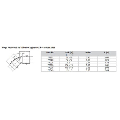 Viega ProPress 114  45 Copper Elbow  Double Press Connection  Smart Connect Technology 77033