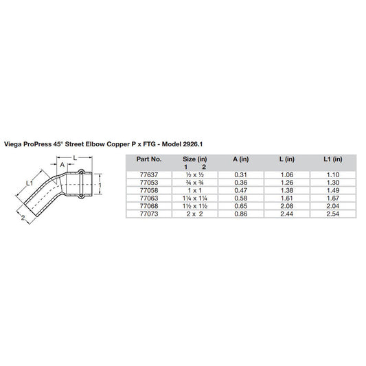 Viega ProPress 34 45 Copper Elbow StreetPress Connection Smart Connect Technology 77053
