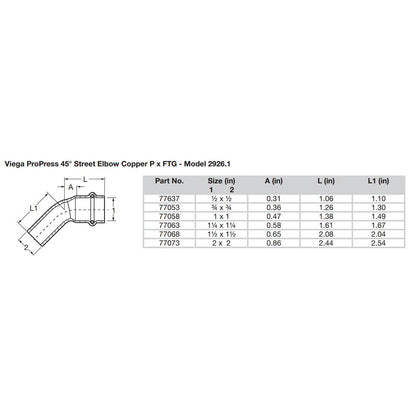 Viega ProPress 114  45 Copper Elbow  StreetPress Connection  Smart Connect Technology 77063