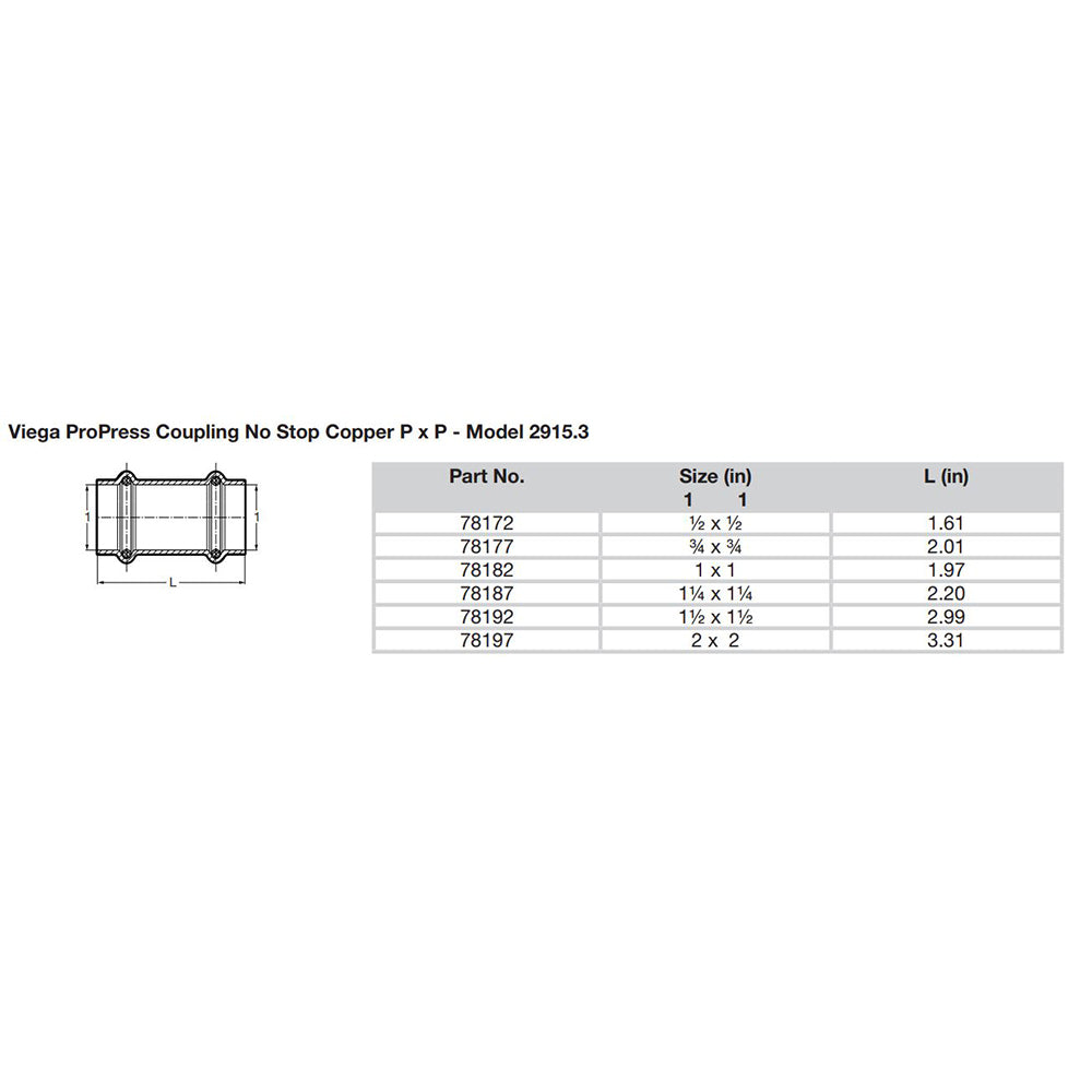 Viega ProPress 114 Copper Coupling wo Stop  Double Press Connection  Smart Connect Technology 78187