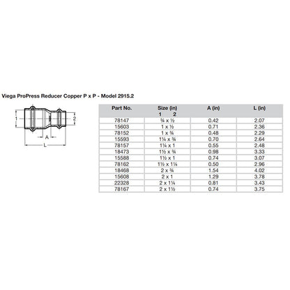 Viega ProPress 112 x 1 Copper Reducer  Double Press Connection  Smart Connect Technology 15588