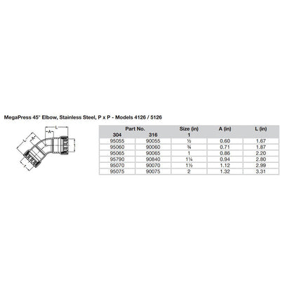 Viega MegaPress 2 45 Stainless Steel 304 Elbow  Double Press Connection  Smart Connect Technology 95075