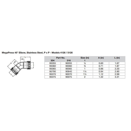 Viega MegaPress 2 45 Stainless Steel 304 Elbow  Double Press Connection  Smart Connect Technology 95075