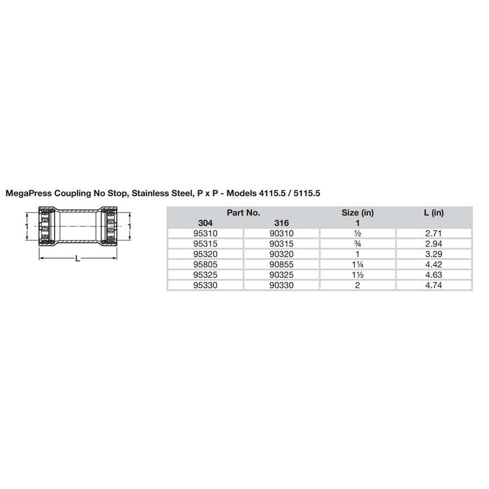 Viega MegaPress 1 Stainless Steel 304 Coupling wo Stop  Double Press Connection  Smart Connect Technology 95320